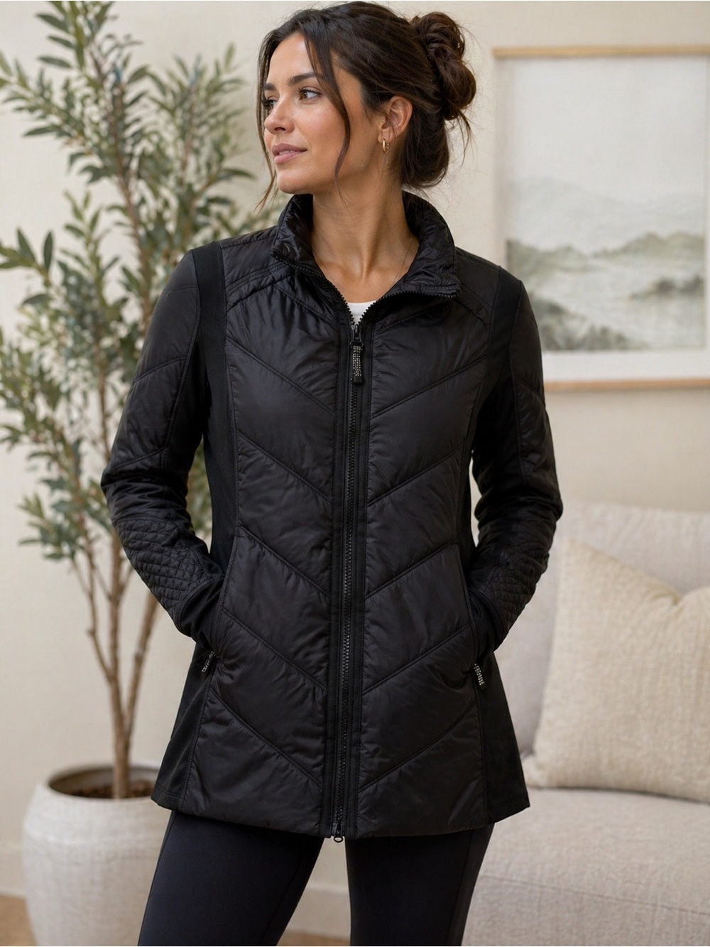 Athleta Black Quilted Hybrid Long Jacket